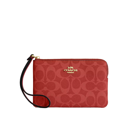Coach Women's Corner Zip Wristlet In Signature Canvas Gold/Crimson