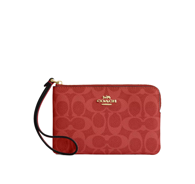 Coach Women's Corner Zip Wristlet In Signature Canvas Gold/Crimson