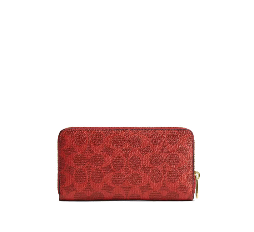 Coach Women's Long Zip Around Wallet In Signature Canvas Gold/Crimson