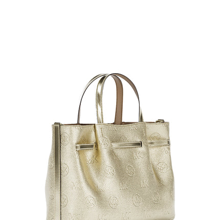 Michael Kors Women's Carson Medium Metallic Logo Debossed Satchel Bag Pale Gold