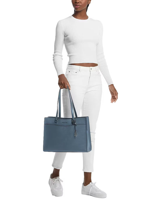 Michael Kors Women's Jet Set Travel Large Saffiano Leather Tote Bag Denim/Silver