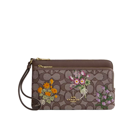 Coach Women's Double Zip Wristlet In Signature Jacquard With Floral Embroidery Gold/Oak Multi
