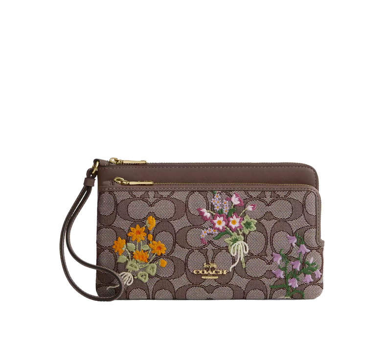 Coach Women's Double Zip Wristlet In Signature Jacquard With Floral Embroidery Gold/Oak Multi