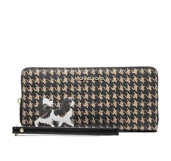 Michael Kors Women's Jet Set Travel Houndstooth Print Continental Wristlet Black/Camel