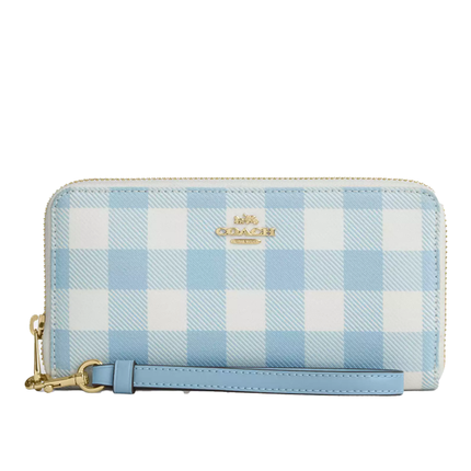 Coach Women's Long Zip Around Wallet With Gingham Print Gold/Blue Multi
