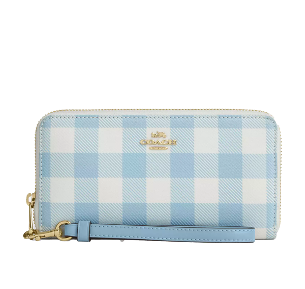 Coach Women's Long Zip Around Wallet With Gingham Print Gold/Blue Multi
