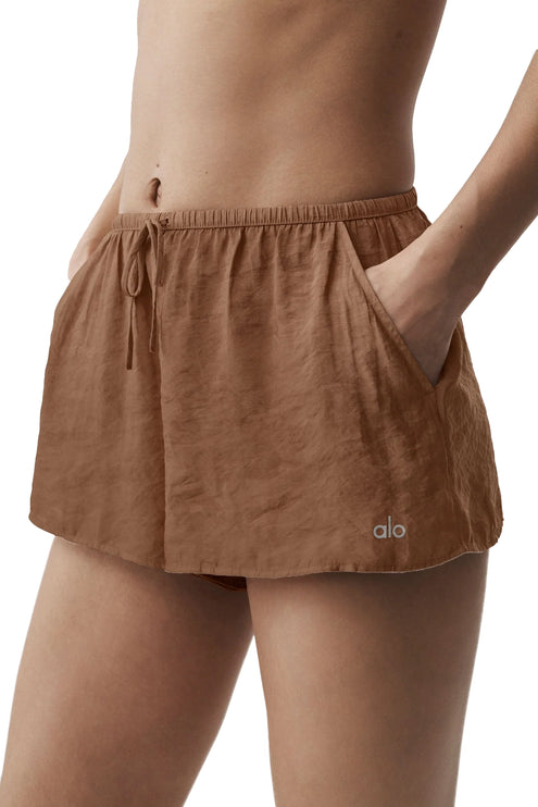 alo Women's Semi-Sheer Golden Hour Mid-Rise Short Sun Kissed Brown