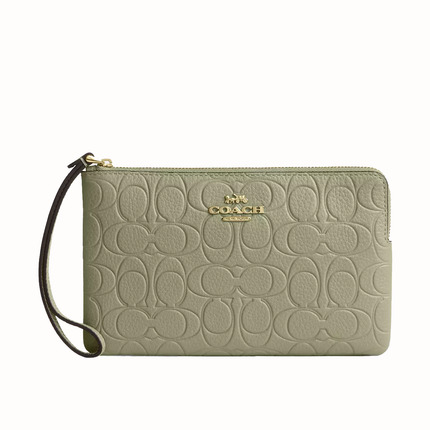 Coach Women's Large Corner Zip Wristlet In Signature Leather Gold/Pistachio