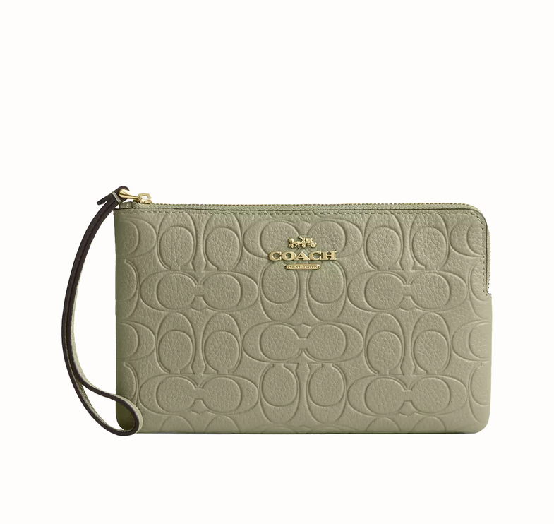 Coach Women's Large Corner Zip Wristlet In Signature Leather Gold/Pistachio