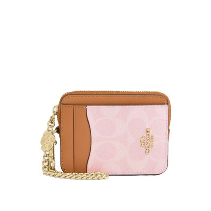 Coach Women's Zip Card Case In Signature Canvas With Charm Gold/Powder Pink