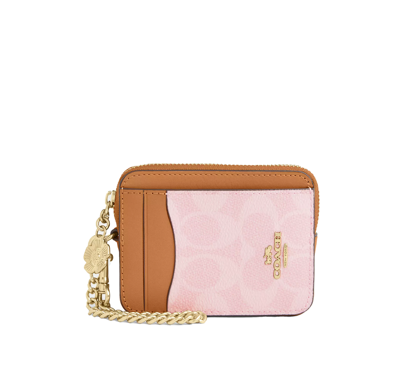 Coach Women's Zip Card Case In Signature Canvas With Charm Gold/Powder Pink