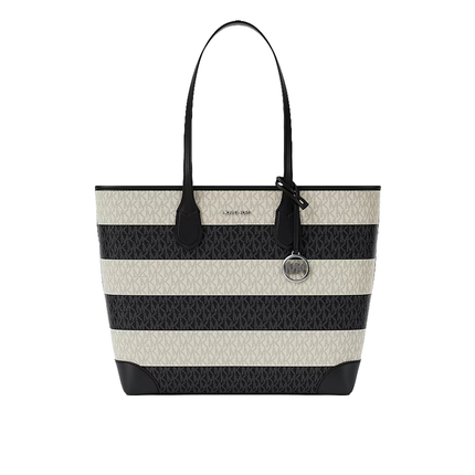 Michael Kors Women's Eva Large Striped Signature Logo Tote Bag Black/Silver