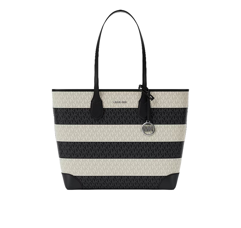 Michael Kors Women's Eva Large Striped Signature Logo Tote Bag Black/Silver
