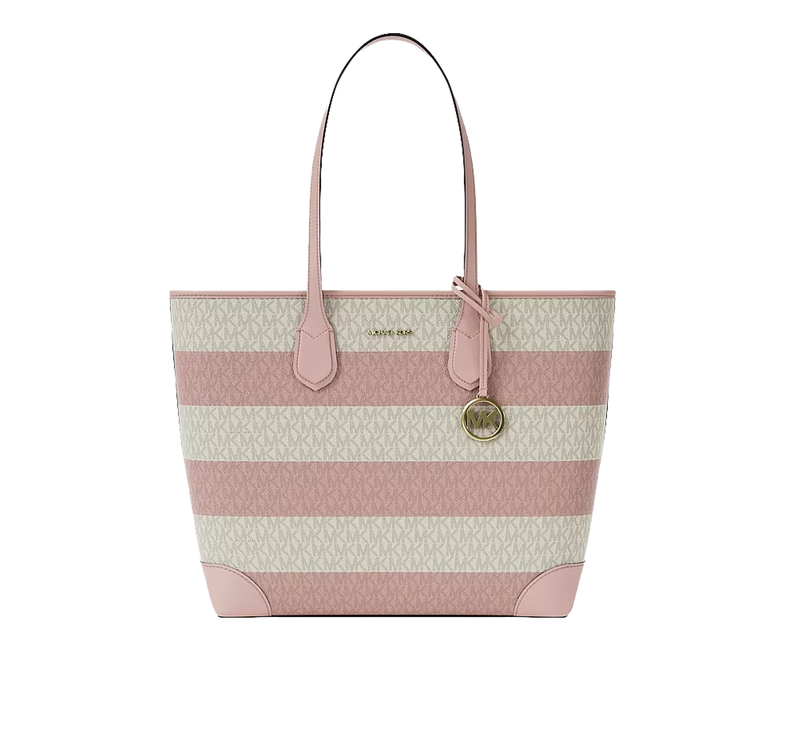 Michael Kors Women's Eva Large Striped Signature Logo Tote Bag Powder Blush/Gold