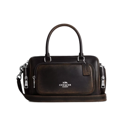Coach Women's Rowan Satchel Bag With Pockets In Loved Leather Silver/Black Brown