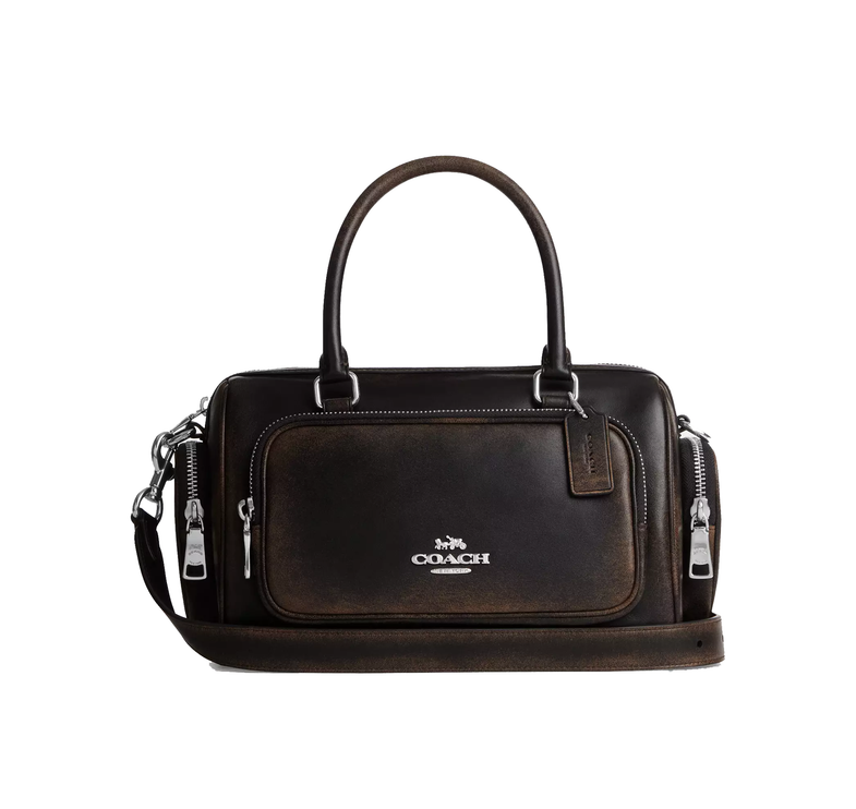 Coach Women's Rowan Satchel Bag With Pockets In Loved Leather Silver/Black Brown