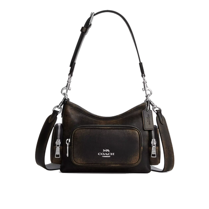 Coach Women's Laurel Shoulder Bag 22 With Pockets In Loved Leather Silver/Black Brown