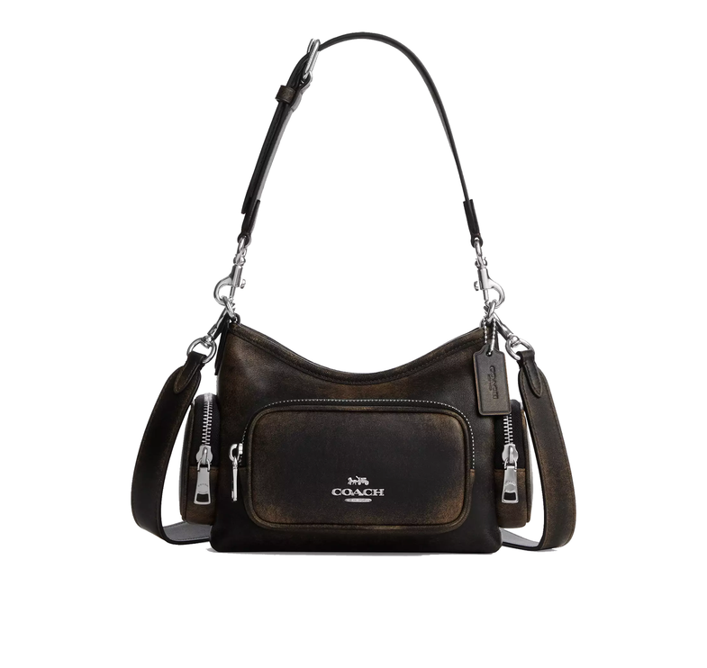 Coach Women's Laurel Shoulder Bag 22 With Pockets In Loved Leather Silver/Black Brown