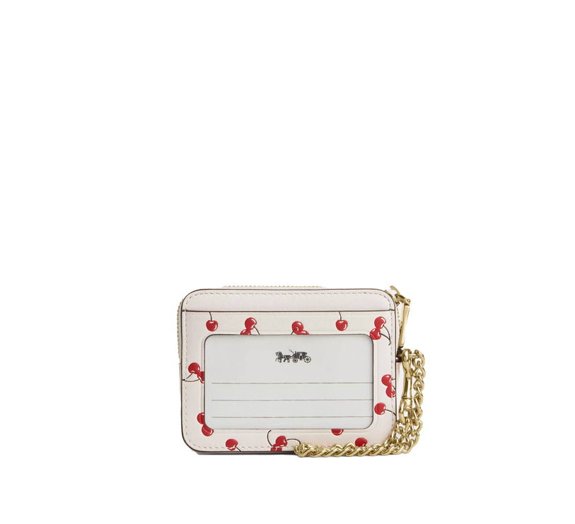 Coach Women's Zip Card Case With Cherry Print Gold/Chalk Multi
