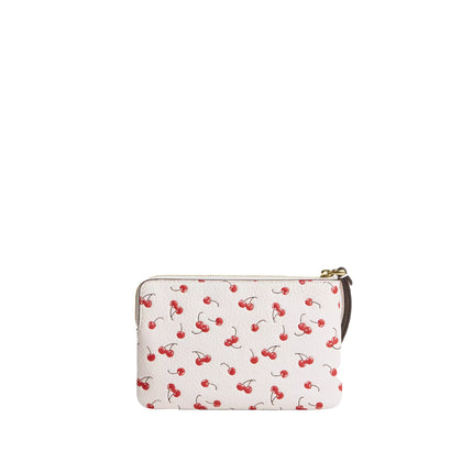 Coach Women's Corner Zip Wristlet With Cherry Print Gold/Chalk Multi
