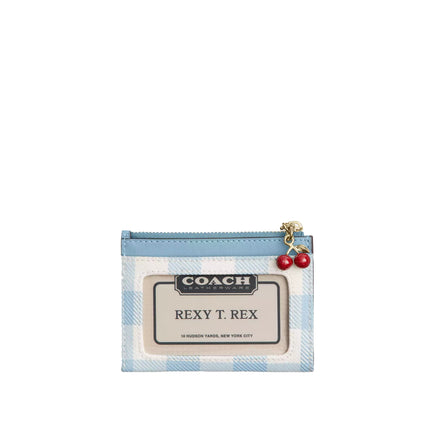 Coach Women's Mini Skinny Id Case With Gingham Print And Charm Gold/Blue Multi