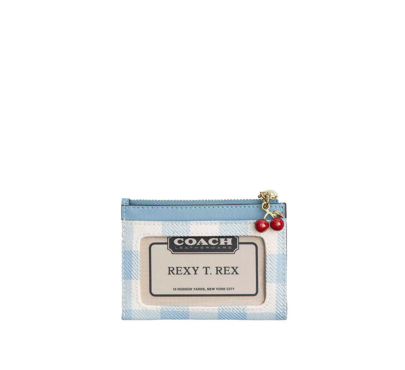 Coach Women's Mini Skinny Id Case With Gingham Print And Charm Gold/Blue Multi