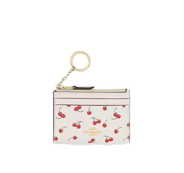 Coach Women's Mini Skinny Id Case With Cherry Print Gold/Chalk Multi