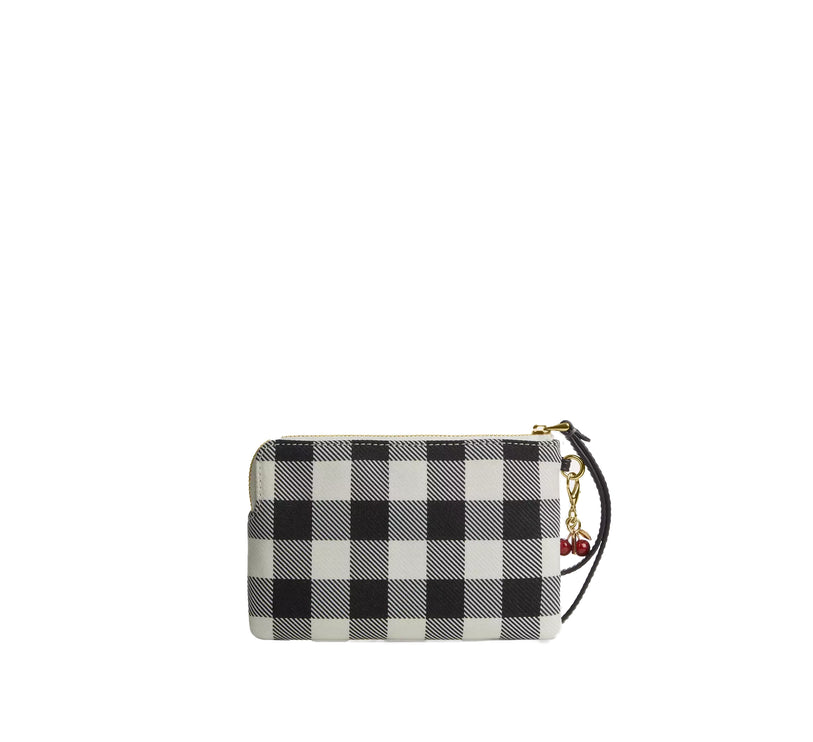 Coach Women's Corner Zip Wristlet With Gingham Print And Charm Gold/Black Multi