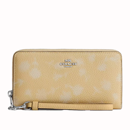 Coach Women's Long Zip Around Wallet With Floral Print Silver/Washed Yellow