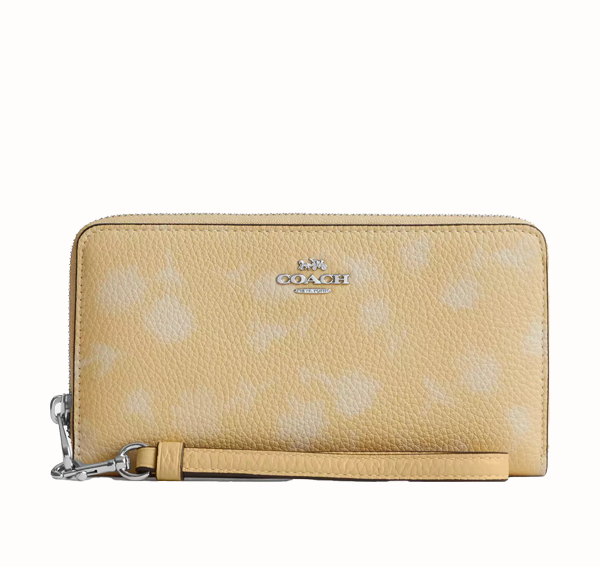 Coach Women's Long Zip Around Wallet With Floral Print Silver/Washed Yellow