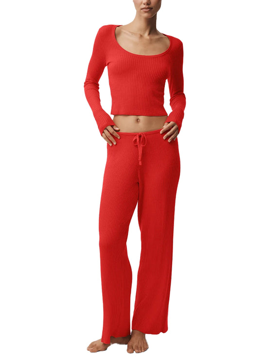 alo Women's Sweater Knit Mid-Rise Unwind Wide Leg Pant Bright Red