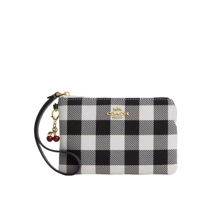 Coach Women's Corner Zip Wristlet With Gingham Print And Charm Gold/Black Multi