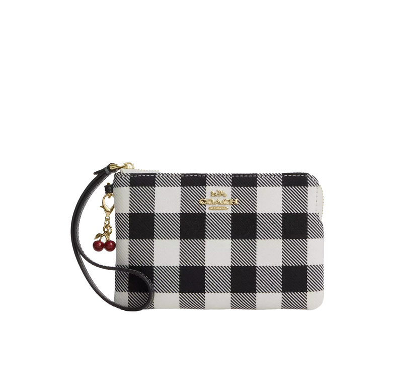 Coach Women's Corner Zip Wristlet With Gingham Print And Charm Gold/Black Multi