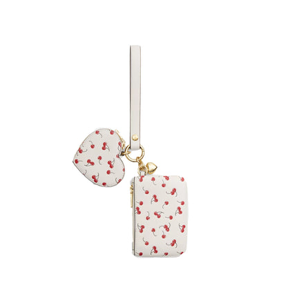 Coach Women's Wristlet And Heart Pouch With Cherry Print And Charm Gold/Chalk Multi