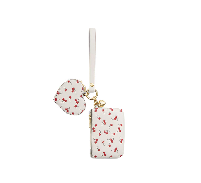 Coach Women's Wristlet And Heart Pouch With Cherry Print And Charm Gold/Chalk Multi
