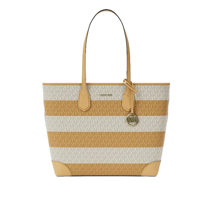 Michael Kors Women's Eva Large Striped Signature Logo Tote Bag Honeywheat/Gold