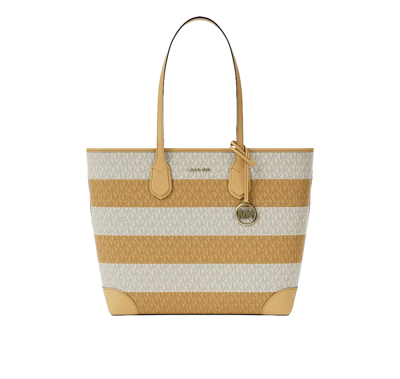 Michael Kors Women's Eva Large Striped Signature Logo Tote Bag Honeywheat/Gold