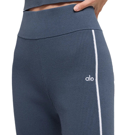 alo Women's Ribbed Sweater Knit Highline Flare Pant Bluestone/White