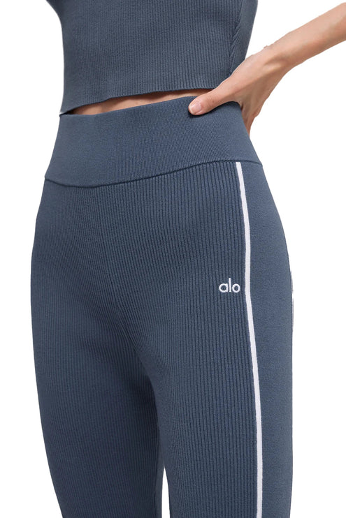 alo Women's Ribbed Sweater Knit Highline Flare Pant Bluestone/White