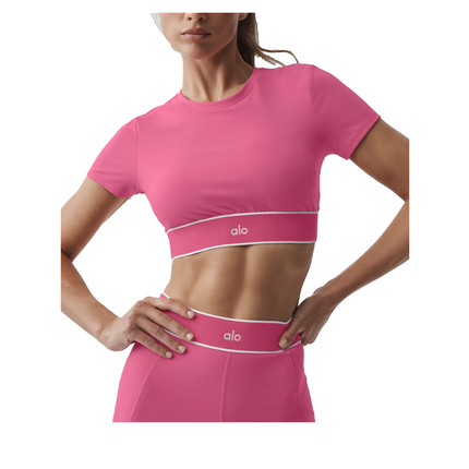 alo Women's ALO Softsculpt Amp It Up Short Sleeve Bra Paradise Pink