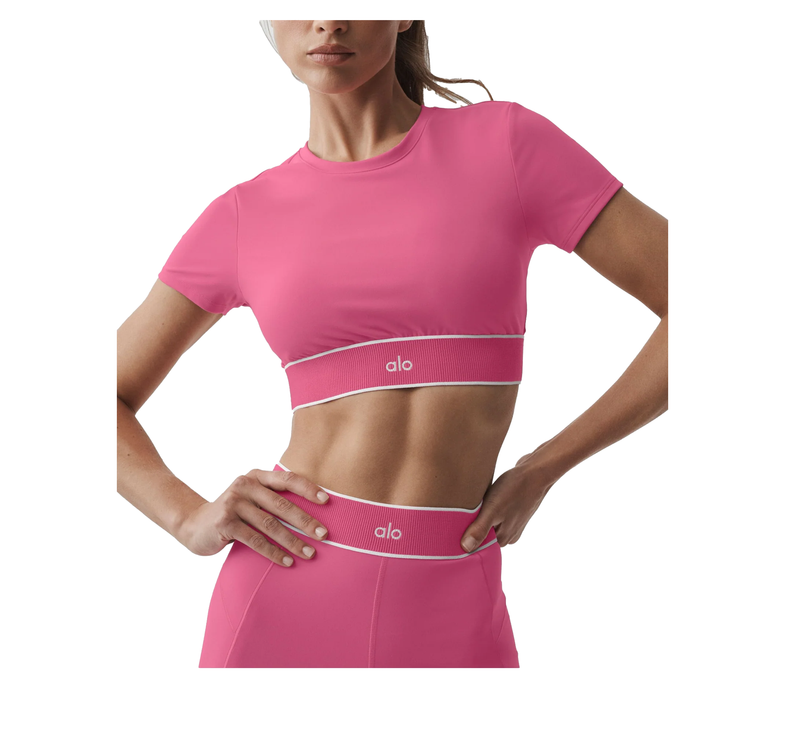 alo Women's ALO Softsculpt Amp It Up Short Sleeve Bra Paradise Pink