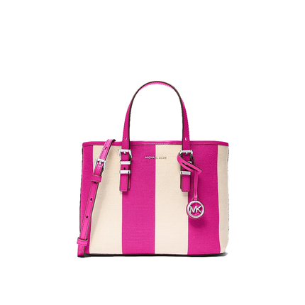 Michael Kors Women's Quinn Small Striped Canvas Convertible Crossbody Bag Raspberry/Silver