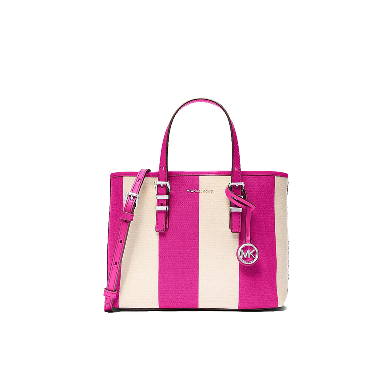 Michael Kors Women's Quinn Small Striped Canvas Convertible Crossbody Bag Raspberry/Silver