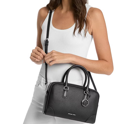 Michael Kors Women's Thompson Medium Pebbled Leather Satchel Bag Black/Silver