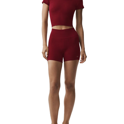 alo Women's Seamless Modal Ribbed Cropped Short Sleeve Summer Romance Red