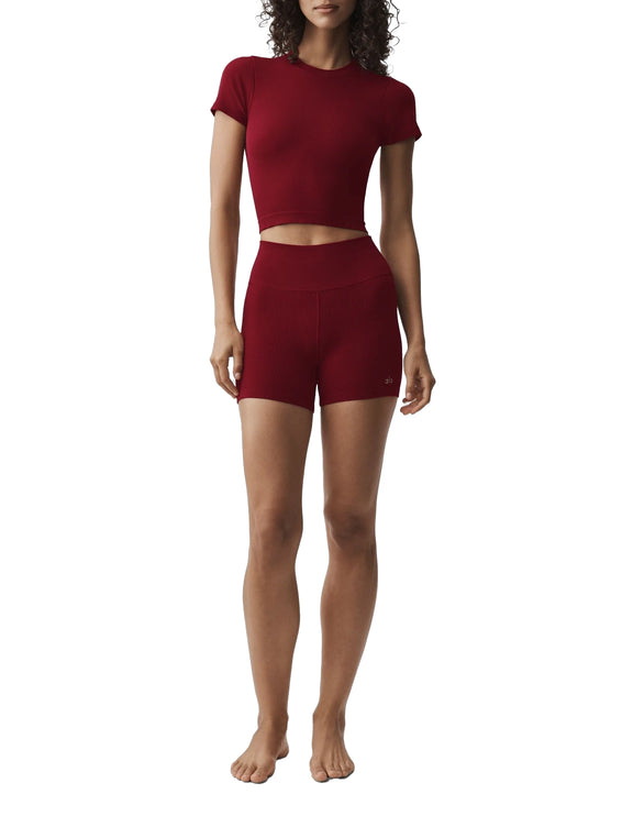 alo Women's Seamless Modal Ribbed Cropped Short Sleeve Summer Romance Red