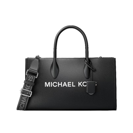 Michael Kors Women's Mirella Medium Pebbled Leather Satchel Bag Black/Silver
