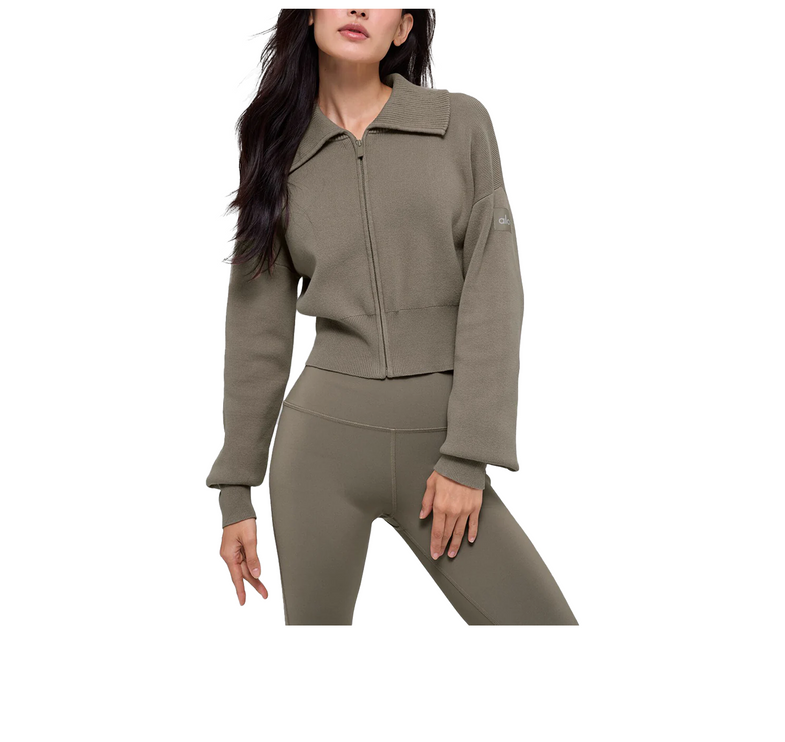 alo Women's Scholar Knit Cropped Full Zip Jacket Light Cocoa