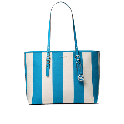 Michael Kors Women's Quinn Large Striped Canvas Tote Bag Milos Blue/Silver