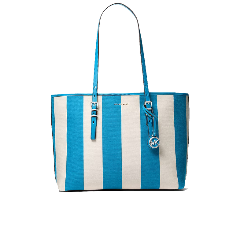 Michael Kors Women's Quinn Large Striped Canvas Tote Bag Milos Blue/Silver